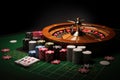 Casino concept with abstract gambling objects. Dark casino room with roulette, cards and dices. Generative AI.