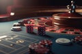 Casino concept with abstract gambling objects. Dark casino room with roulette, cards and dices. Generative AI.