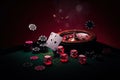 Casino concept with abstract gambling objects. Dark casino room with roulette, cards and dices. Generative AI.