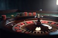 Casino concept with abstract gambling objects. Dark casino room with roulette, cards and dices. Generative AI.