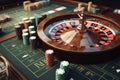 Casino concept with abstract gambling objects. Dark casino room with roulette, cards and dices. Generative AI.