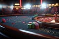 Casino concept with abstract gambling objects. Dark casino room with roulette, cards and dices. Generative AI.