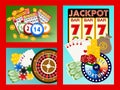 Casino concept banners, cards vector illustration. Includes roulette, casino chips, playing cards, winning jackpot. Sack Royalty Free Stock Photo