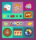 Casino concept banners, cards vector illustration. Includes roulette, casino chips, playing cards, winning jackpot. Sack Royalty Free Stock Photo