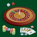 Casino concept. Casino background with cards, chips, craps and roulette. Flat 3d vector isometric illustration