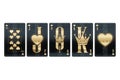 Casino concept, combination of playing cards Hearts flash royale, black gold design isolated on white background. Gambling, luxury