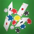 Casino Concept Floating Cards and Chips. Casino poker design template. Falling poker cards and chips game green lucky Royalty Free Stock Photo