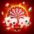 Casino concept with red wheel of fortune, playing cards, dices and flying chips Royalty Free Stock Photo