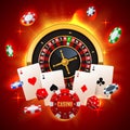 Casino concept with roulette wheel, playing cards, dices and flying chips Royalty Free Stock Photo