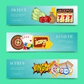 Casino concept set of banners vector illustration. Includes roulette, casino chips, playing cards, winning jackpot. Sack Royalty Free Stock Photo