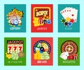 Casino concept set of cards vector illustration. Includes roulette, casino chips, playing cards, winning jackpot. Sack Royalty Free Stock Photo
