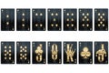 Casino concept, Set of clubs playing cards, black and gold design isolated on white background. Gambling, luxury style, poker, Royalty Free Stock Photo