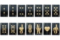 Casino concept, Set of Hearts playing cards, black and gold design isolated on white background. Gambling, luxury style, poker, Royalty Free Stock Photo