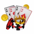 Casino 3D poker concept, shiny dollar coin, golden winner crown, playing cards, gambling chips. Royalty Free Stock Photo