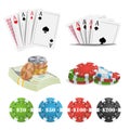 Casino Design Elements Vector. Poker Cards, Chips, Playing Gambling Cards. Lucky Night VIP Winner Isolated Illustration