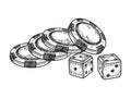 Casino dice and chips sketch vector illustration