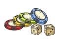 Casino dice and chips sketch vector illustration