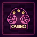 Casino, dices gambling banner neon sign on brick wall