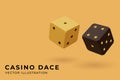 Casino dices isolated on yellow background. Vector realistic 3d illustration. Casino or gambling concept. Game sign Royalty Free Stock Photo