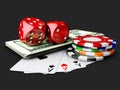 Casino Dices, Play Card, Money and Poker Chips. isolated black. 3d Illustration Royalty Free Stock Photo