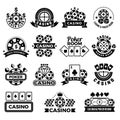 Casino emblems. Labels for poker club game tournament symbols gambling cards chips and dice vector collection Royalty Free Stock Photo