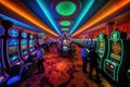 a casino floor with a colorful and busy atmosphere, slot machines and people gambling