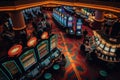 a casino floor with a colorful and busy atmosphere, slot machines and people gambling