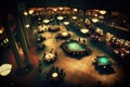 casino floor, with games and crowds in the background, at night