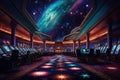 casino floor, with a view of the night sky and stars, and lively gaming action