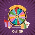 Casino with fortune spinning wheel, card and dibs gambling concept, win jackpot cartoon vector illustration. Royalty Free Stock Photo