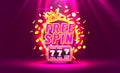 Casino free spin 777 label frame, golden banner, border winner, Vegas game. Vector