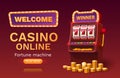 Casino free spins banner slots machine winner, jackpot fortune of luck. Vector illustration Royalty Free Stock Photo