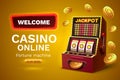 Casino free spins banner slots machine winner, jackpot fortune of luck. Vector illustration Royalty Free Stock Photo