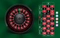 Casino Gambling background design with realistic Roulette Wheel and Casino Chips. Roulette table isolated on green Royalty Free Stock Photo