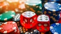 Casino Gambling Chips and Dice on a Grey Background Royalty Free Stock Photo