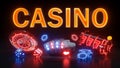 Casino Gambling Concept, Four Poker Cards, Roulette Wheel, Slot Machine, Poker Chips - 3D Illustration