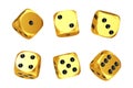 Casino Gambling Concept. Set of Golden Game Dice Cubes in Differetn Positions. 3d Rendering