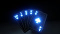 Royal Flush in Spades Poker Playing Cards With Neon Blue Lights Isolated On The Black Background - 3D Illustration Royalty Free Stock Photo