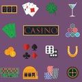 Casino and gambling icons set with slot machine and roulette, chips, poker cards, money, dice, coins, horseshoe flat design vector Royalty Free Stock Photo