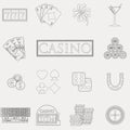 Casino and gambling line icons set with slot machine and roulette, chips, poker cards, money, dice, coins, horseshoe flat design Royalty Free Stock Photo