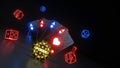 Casino Gambling Poker Cards and Dices Concept With Glowing Neon Lights Isolated On The Black Background - 3D Illustration Royalty Free Stock Photo