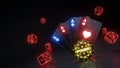 Casino Gambling Poker Cards and Dices Concept With Glowing Neon Red Lights Isolated On The Black Background - 3D Illustration Royalty Free Stock Photo