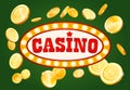 Casino gambling poster design. Money coins winner success concept. Slot machine game prize