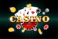 Casino gambling poster. Roulette with chips, poker cards, dice, win money gold coins and 3d inscription on dark Royalty Free Stock Photo