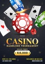Casino Gambling tournament template design with realistic playing cards and casino chips.