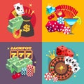 Casino gambling vector concept set with win money jackpot flat icons Royalty Free Stock Photo