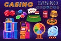 Casino gambling vector illustration set, cartoon flat collection for gamer with jackpot gaming slot machine, poker cards Royalty Free Stock Photo