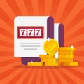 Casino game bonus prize gift vector or winner gambling 777 jackpot with golden money coins as lottery raffle flat cartoon