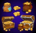 Casino and Game cartoon 3d money icons. Gold coins in moneybags