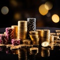 Casino game concept chips, playing cards, golden coins on black Royalty Free Stock Photo